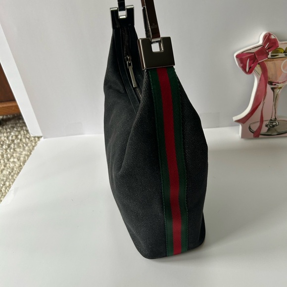 Gucci Web Sherry Line Shoulder Bag Black Denim Red Green Stripe Hobo New - Picture 11 of 16